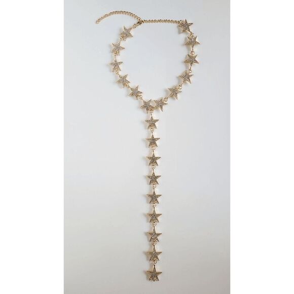 ⭐ Star Drop Spangled Sparkly Shiny Rhinestone Y Lariat Long Gold Necklace NEW - Picture 9 of 16